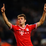 MANCHESTER, ENGLAND - OCTOBER 02:  Thomas Muller of FC Bayern Munchen celebrates scoring the second goal during the UEFA Champions League Group D match between Manchester City and  FC Bayern Munchen at Etihad Stadium on October 2, 2013 in Manchester, England.  (Photo by Laurence Griffiths/Getty Images)